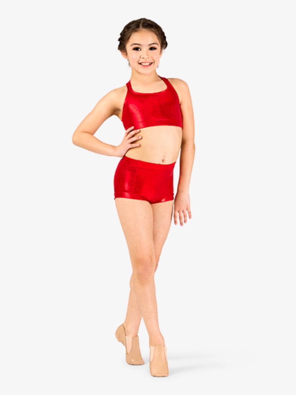 Double Platinum Red Metallic Crop Bra Top T-Back Child LC Dance Costume N7726C